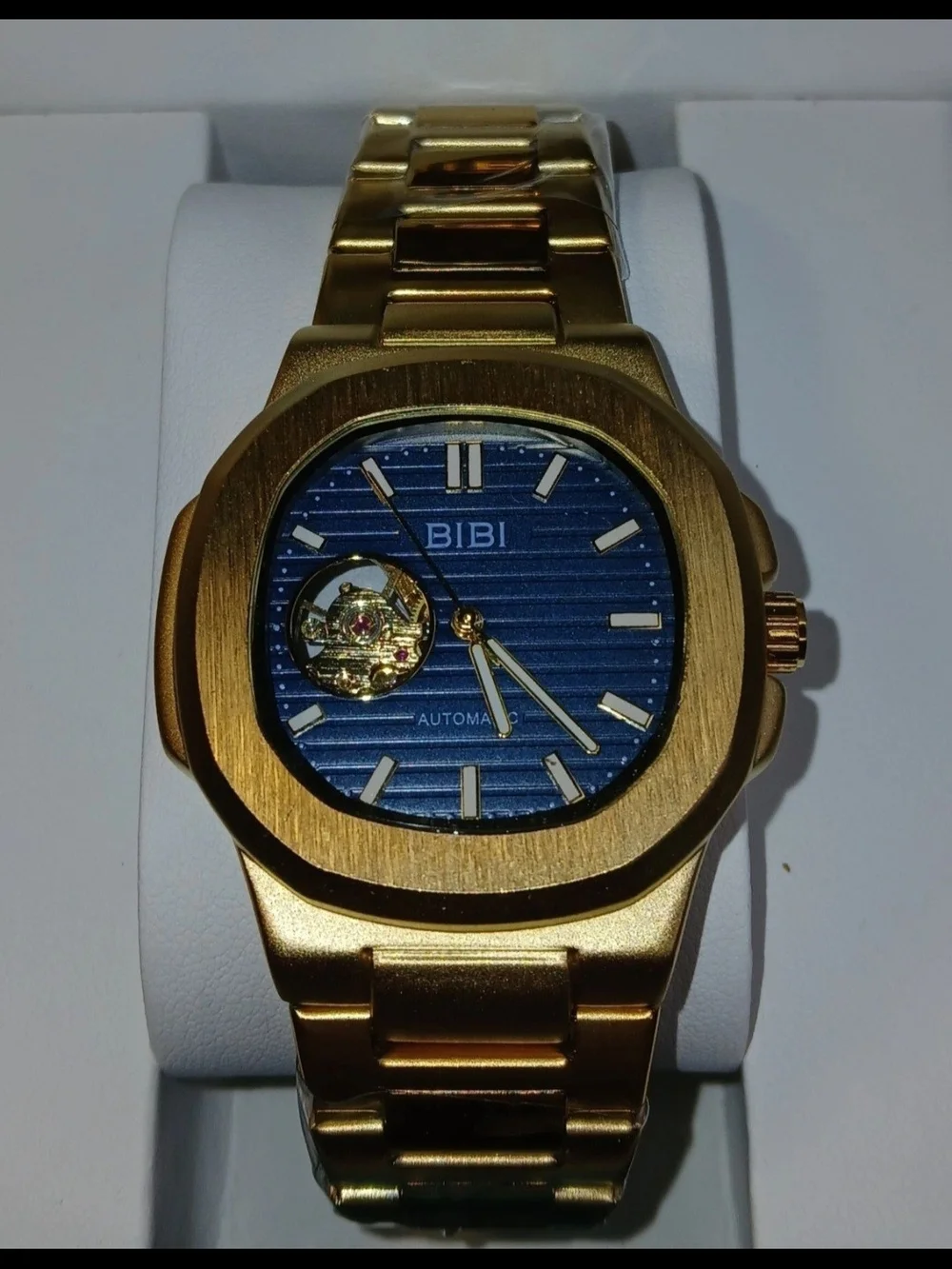 BIBI Men's Gold Automatic Watch Open Heart Blue Dial Stainless Steel Bracelet...